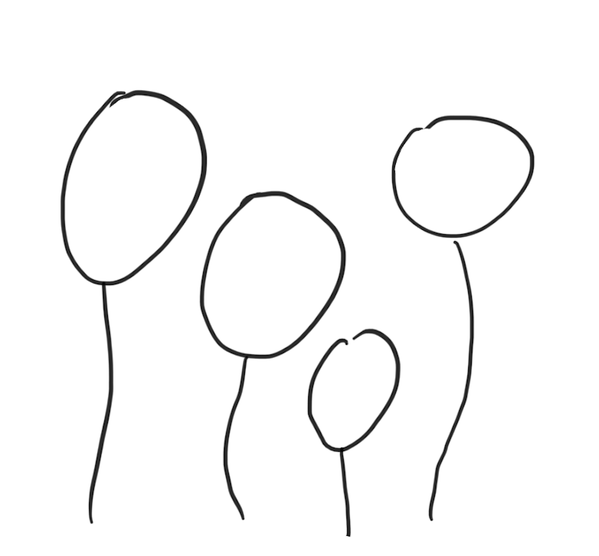 Vier unterschiedlich große Ovale mit Strichen nach unten